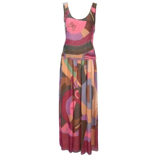 1980s Hanae Mori Silk Multicolored Butterfly Print Ensemble