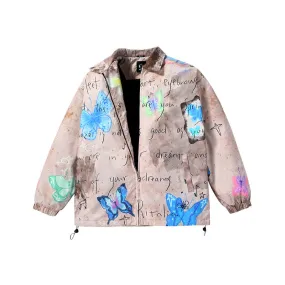 American retro style butterfly print lettering drop shoulder stretch cord cotton jacket