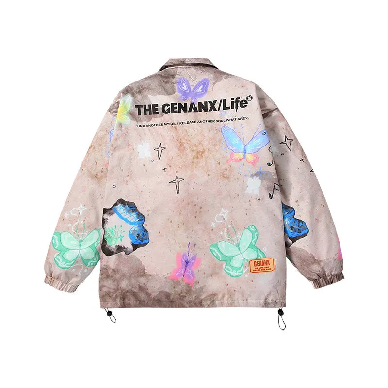 American retro style butterfly print lettering drop shoulder stretch cord cotton jacket