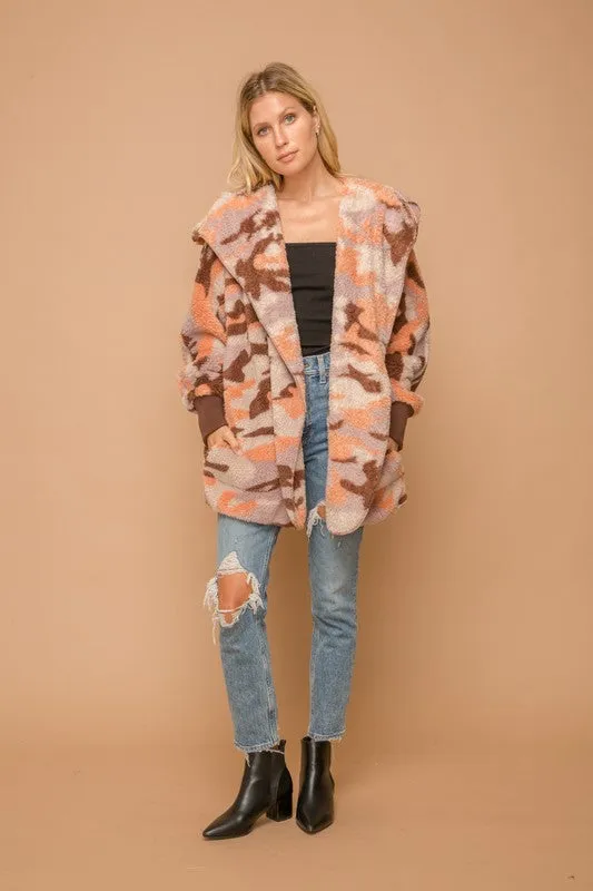 Apricot Camo Print Fur Open Jacket