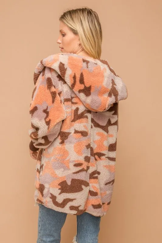 Apricot Camo Print Fur Open Jacket