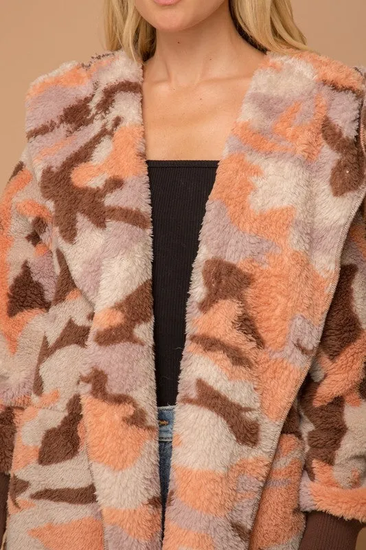 Apricot Camo Print Fur Open Jacket