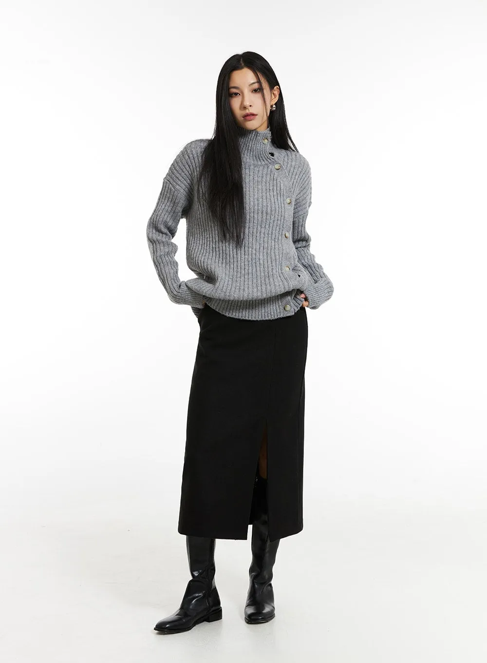 Asymmetric Button Knit Sweater IN308