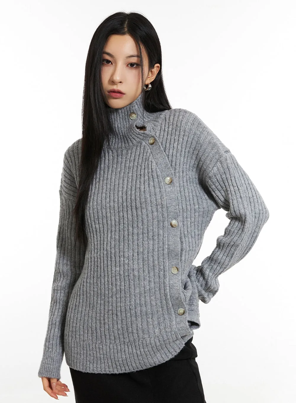 Asymmetric Button Knit Sweater IN308