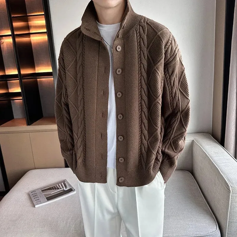 Autumn / Winter New Twist Men's Knitted Cardigan Korean Version of Loose Solid Color Sweater Thick Coat High Quality Knit Coat