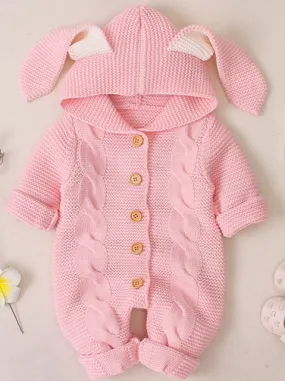 Baby Cute Bunny Cardigan Knit Hooded Romper Onesie