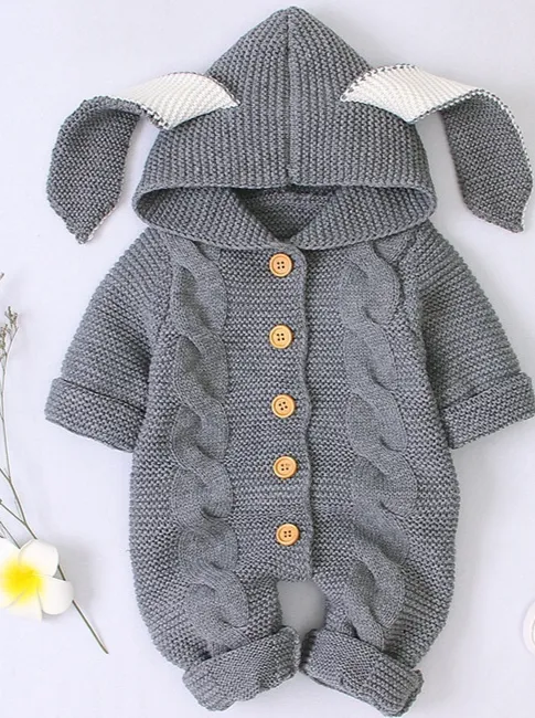 Baby Cute Bunny Cardigan Knit Hooded Romper Onesie