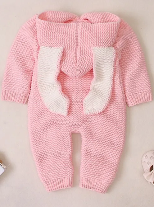 Baby Cute Bunny Cardigan Knit Hooded Romper Onesie