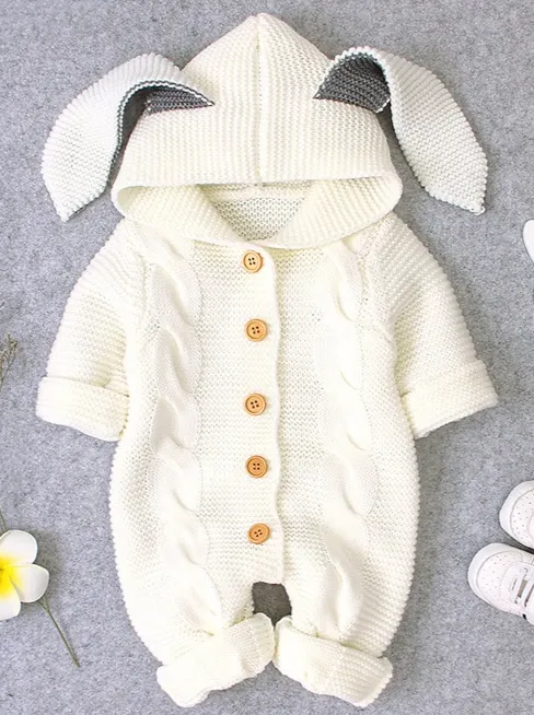 Baby Cute Bunny Cardigan Knit Hooded Romper Onesie