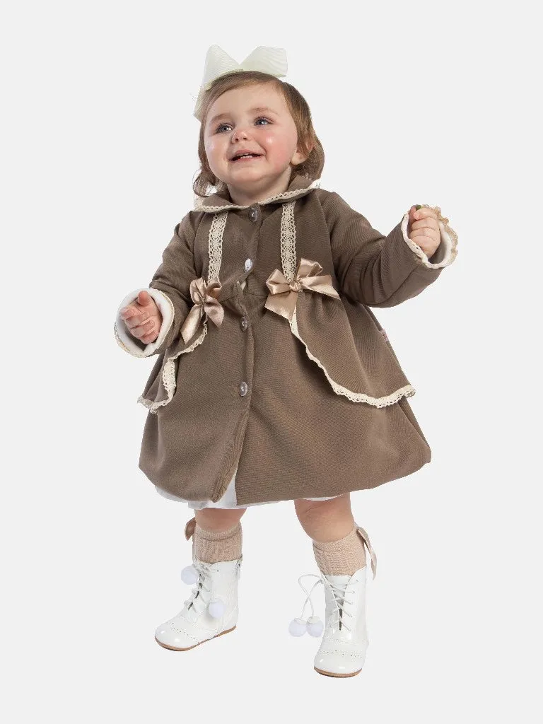 Baby Girl Luxury Spanish Coat with Lace and Bows-Brown