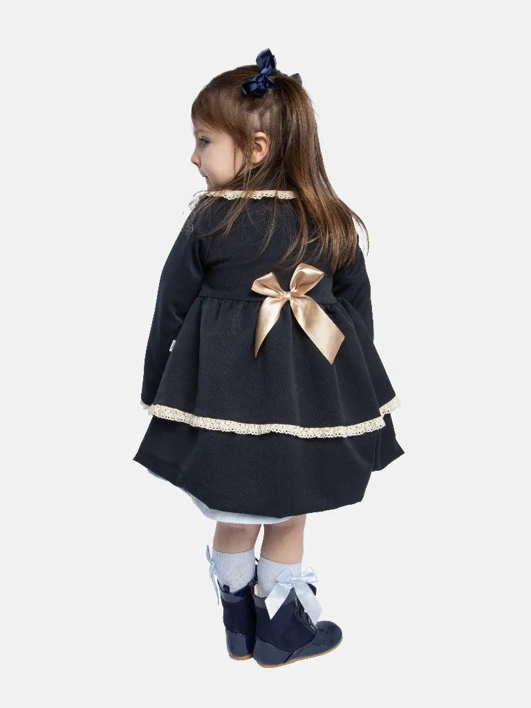 Baby Girl Luxury Spanish Coat with Lace and Bows-Dark Navy Blue