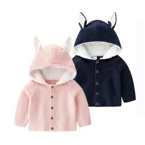 Baby Solid Color Bunny Ear Patched Hat Design Button Front Knitted Sweater Cardigan by MyKids-USA™