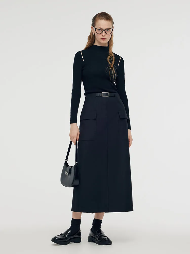 Back Slit Women Column Midi Skirt With Belt