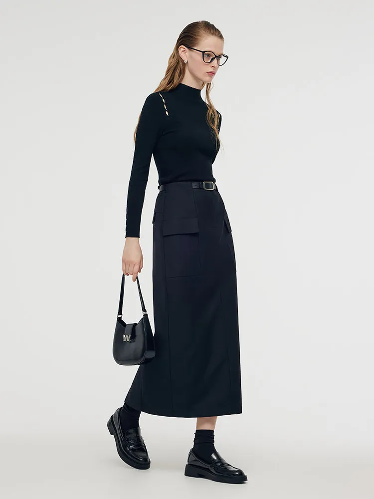 Back Slit Women Column Midi Skirt With Belt