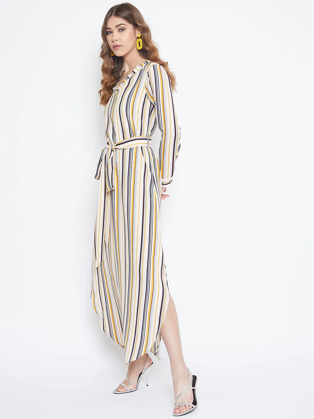 Berrylush Women Multicolour Striped Pattern V-Neck Waist Tie-Up Maxi Dress