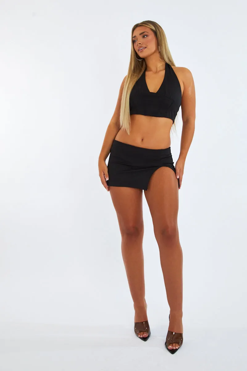 Black Halter Neck Crop Top & Low Rise Micro Mini Skirt - Kai