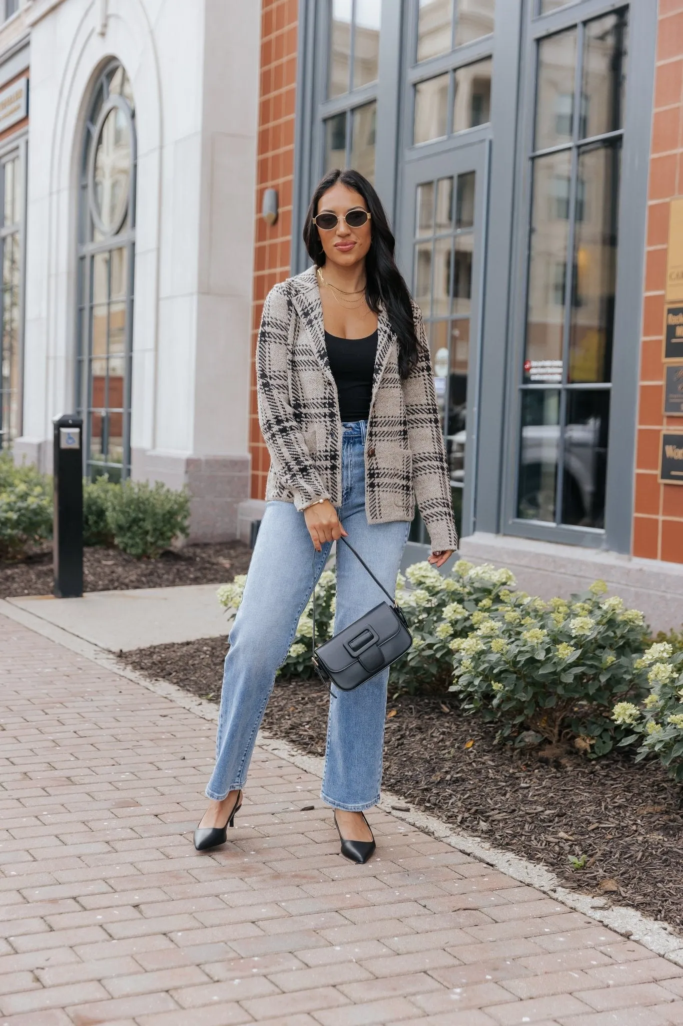 Black Plaid Button Up Sweater Jacket