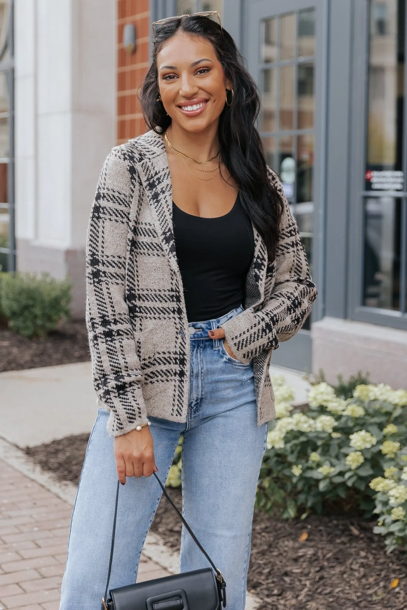 Black Plaid Button Up Sweater Jacket