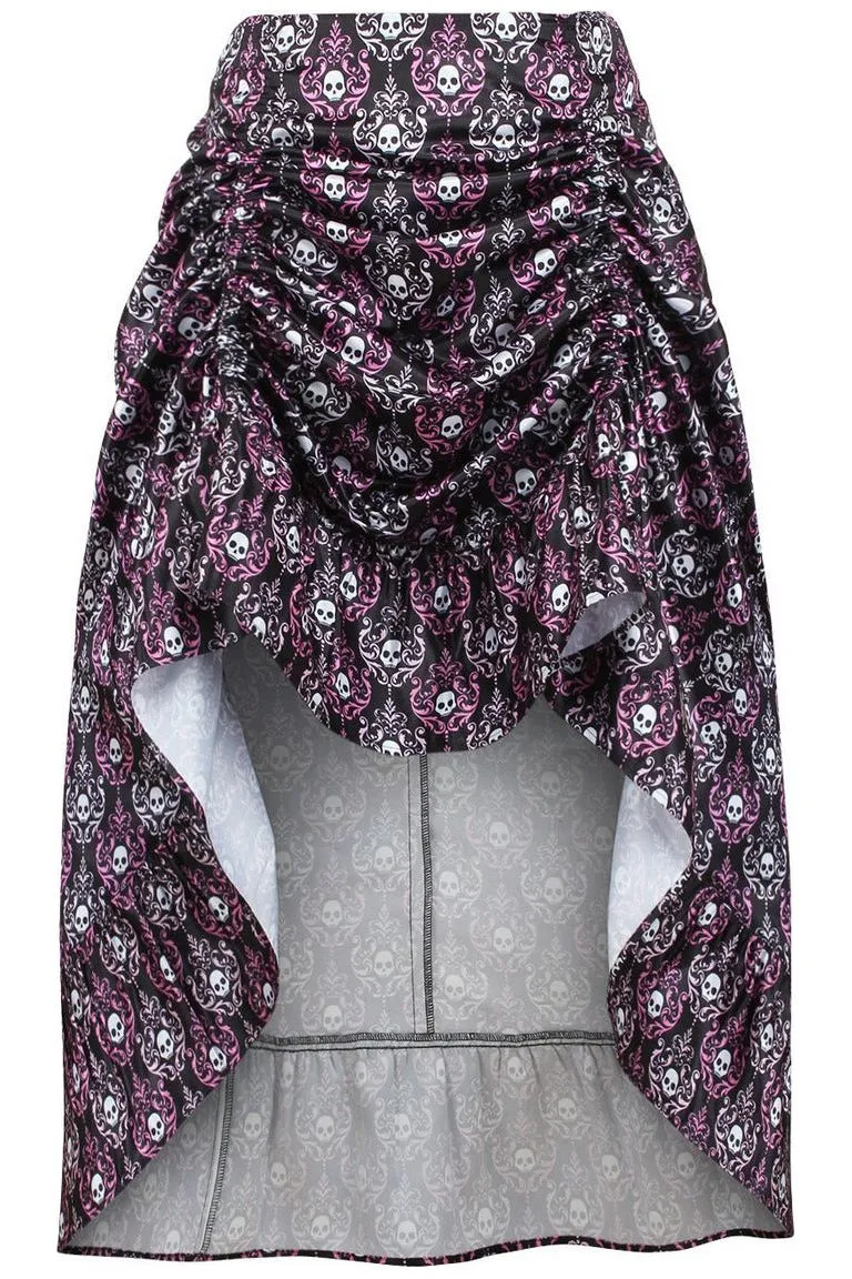 Black/White/Purple Skull Satin Adjustable High Low Skirt - 34" Long