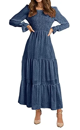 BTFBM Women Casual Long Sleeve Crew Neck Fall Dress Bohemian Relaxed Fit Floral Flowy Maxi Dresses Tiered Cocktail Dress（Floral Dark Blue, X-Large