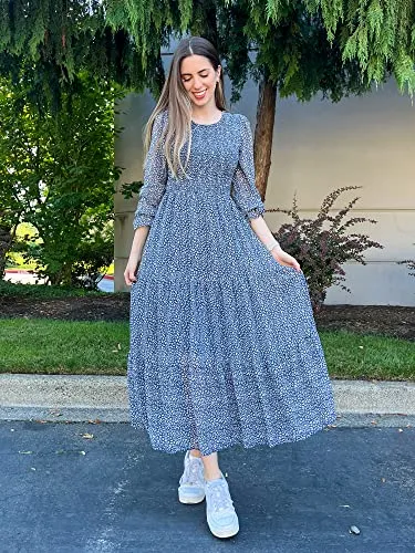 BTFBM Women Casual Long Sleeve Crew Neck Fall Dress Bohemian Relaxed Fit Floral Flowy Maxi Dresses Tiered Cocktail Dress（Floral Dark Blue, X-Large