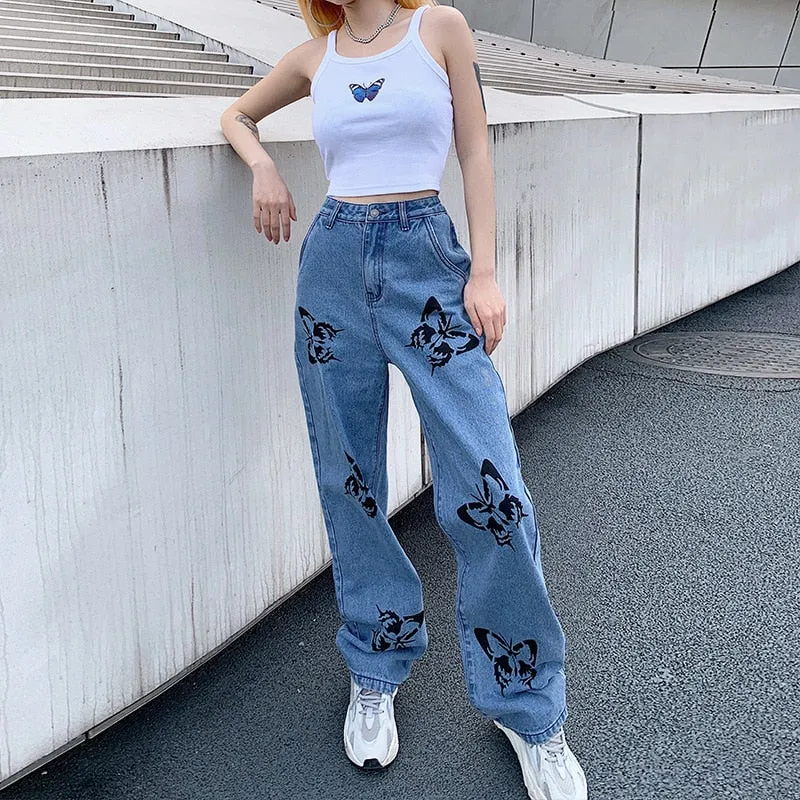 Butterfly Print Pants | Woman Long Trousers | Vintage Jeans | Loose Streetwear Women Casual Jeans | Wide Leg Pants | Cowboy Female Pants