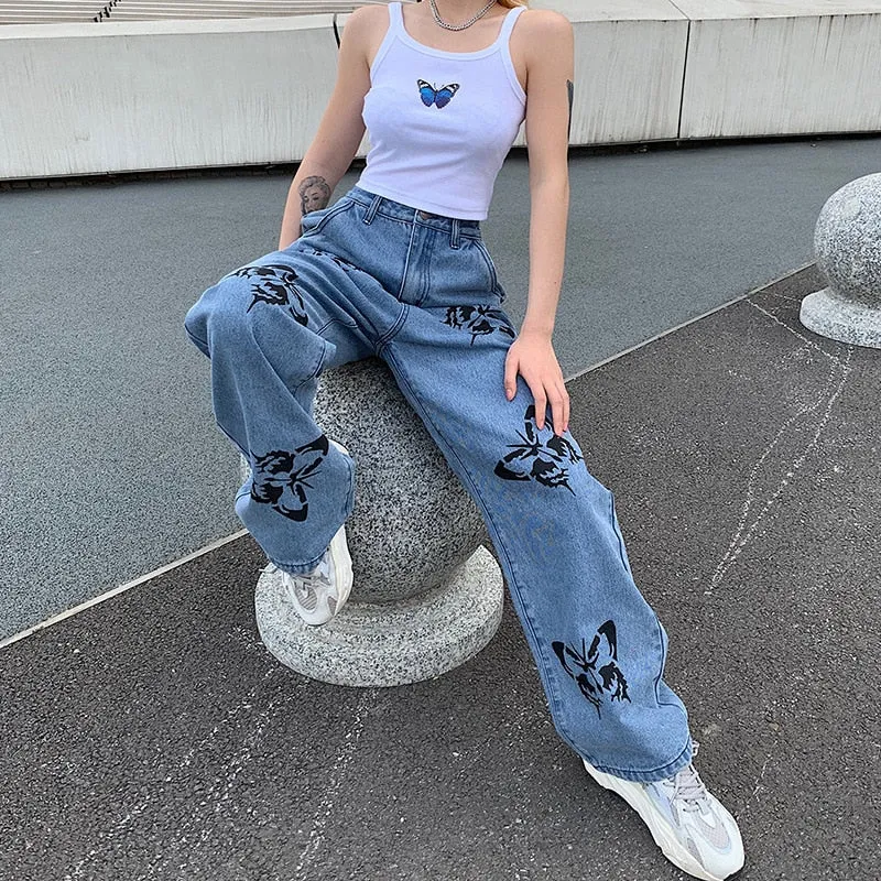 Butterfly Print Pants | Woman Long Trousers | Vintage Jeans | Loose Streetwear Women Casual Jeans | Wide Leg Pants | Cowboy Female Pants