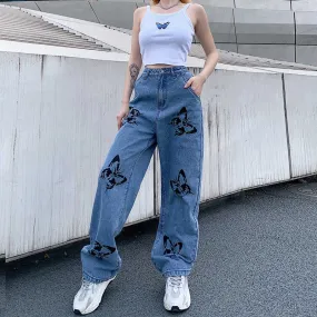 Butterfly Print Pants | Woman Long Trousers | Vintage Jeans | Loose Streetwear Women Casual Jeans | Wide Leg Pants | Cowboy Female Pants