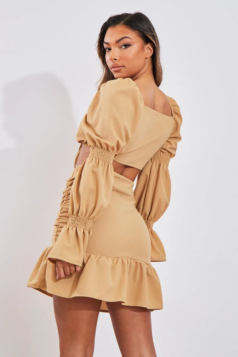 Camel Shirred Sleeve Crop Top & Ruched Mini Skirt Set - Ariana