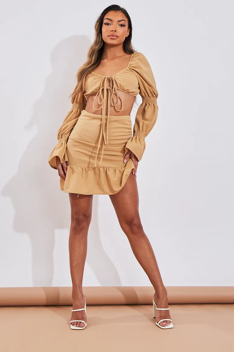 Camel Shirred Sleeve Crop Top & Ruched Mini Skirt Set - Ariana