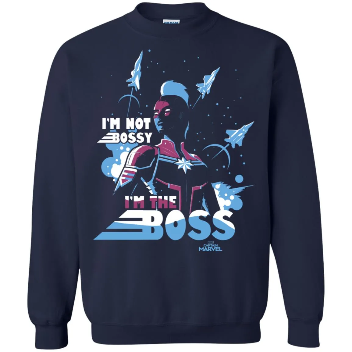 Captain Marvel I'm The Boss Space Blue Red Crewneck Pullover Sweatshirt