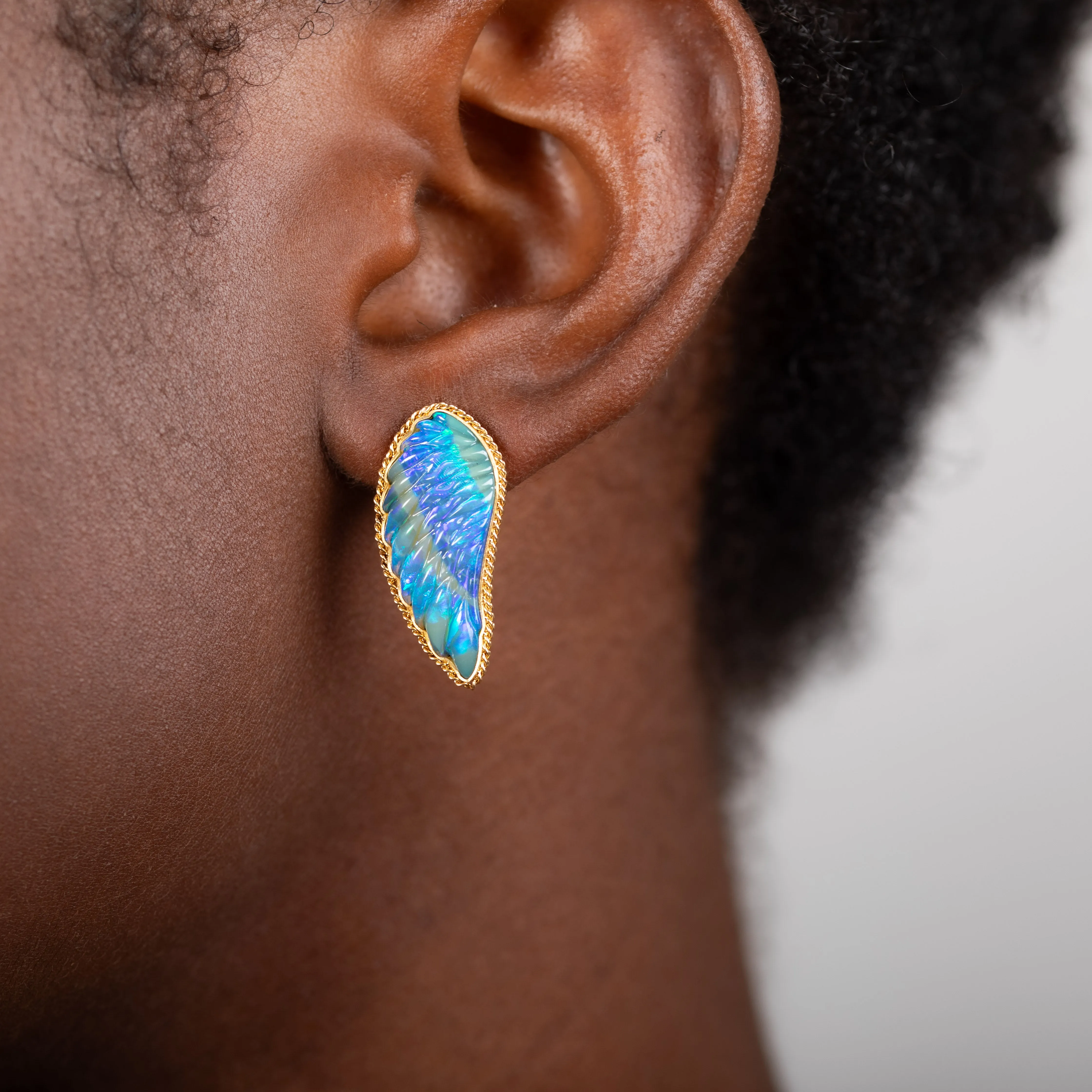 Carved Wing Opal Stud Earrings