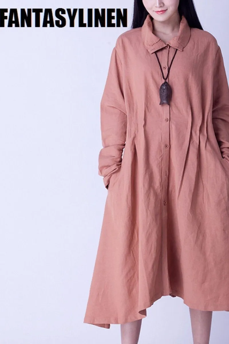 Causel Maxi Size Wind Coat Loose Cotton Linen Long Sleeve Coat Women Clothes W2605A