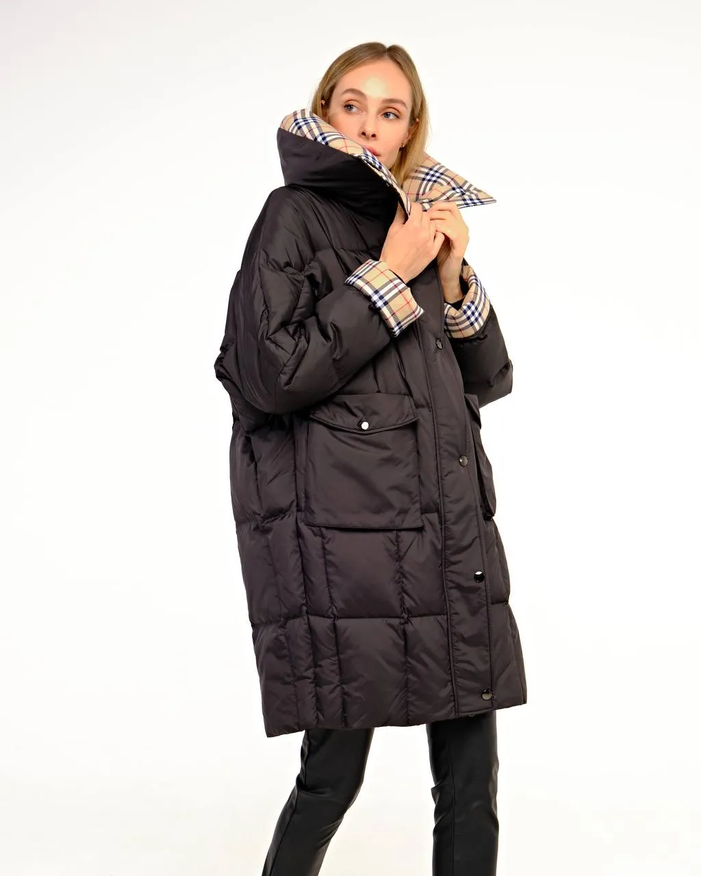 Chiara Plaid Accent Premium Down Coat