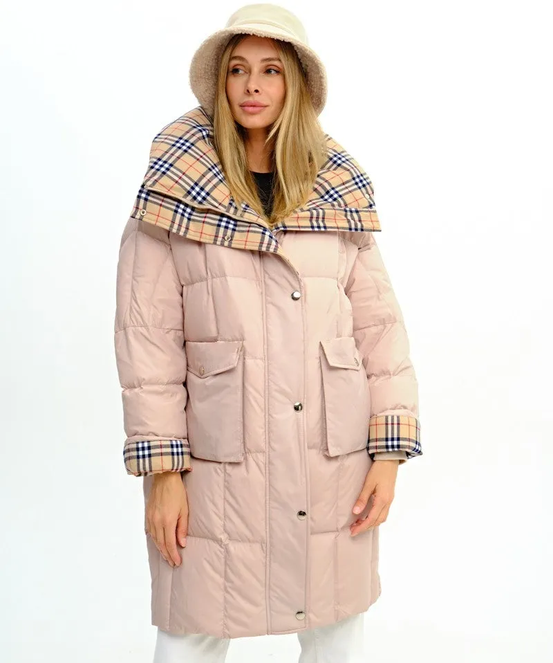 Chiara Plaid Accent Premium Down Coat