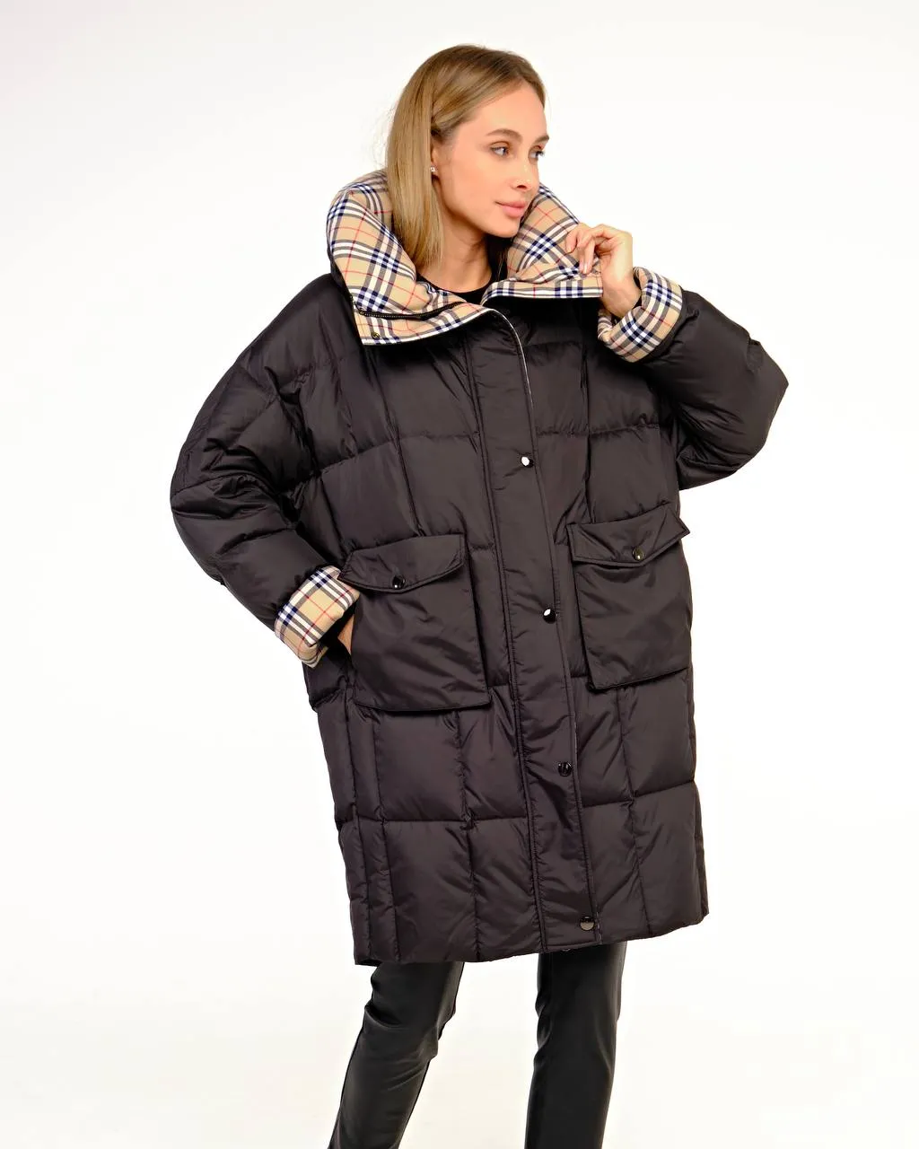 Chiara Plaid Accent Premium Down Coat