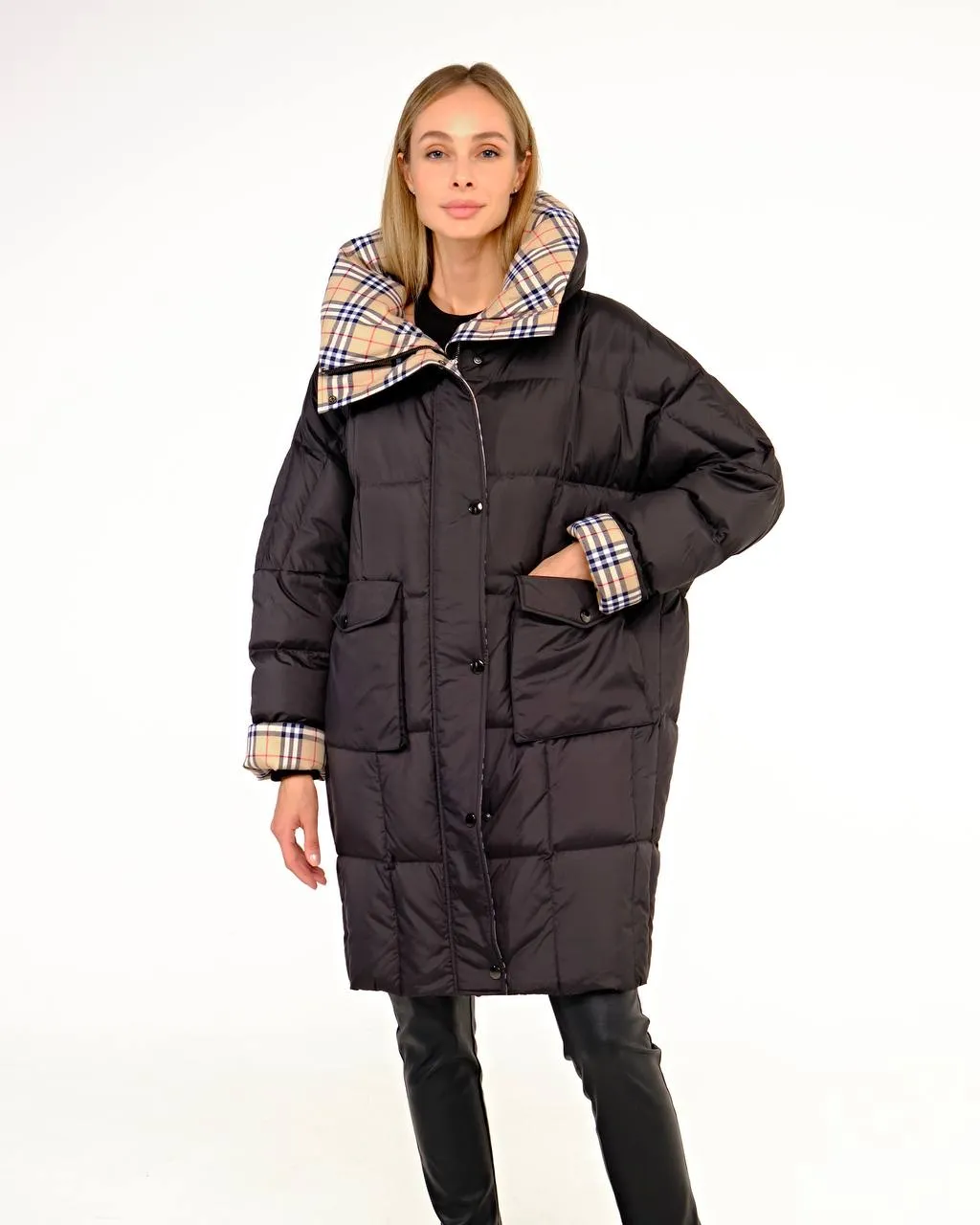 Chiara Plaid Accent Premium Down Coat