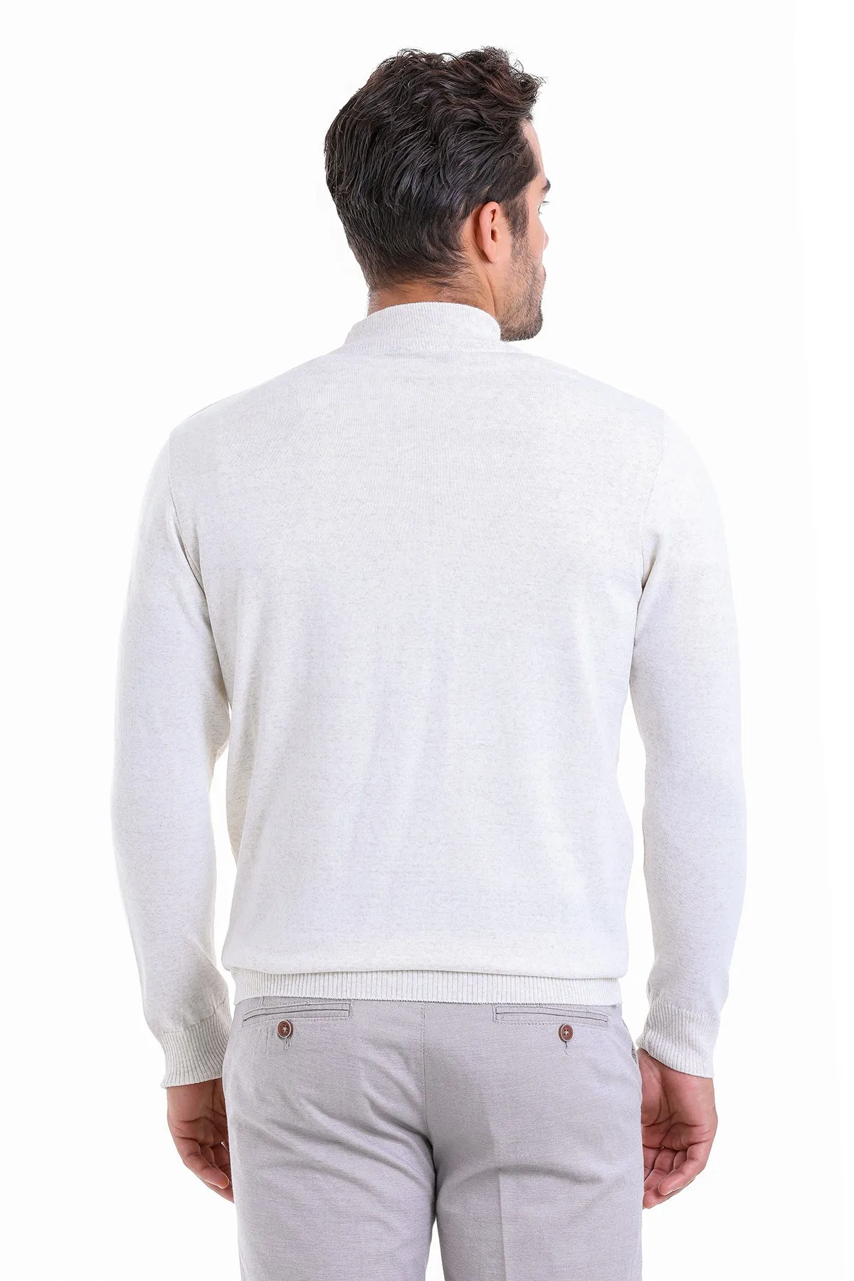 Comfort Fit Patterned Wool Blend White Mock Neck Sweater