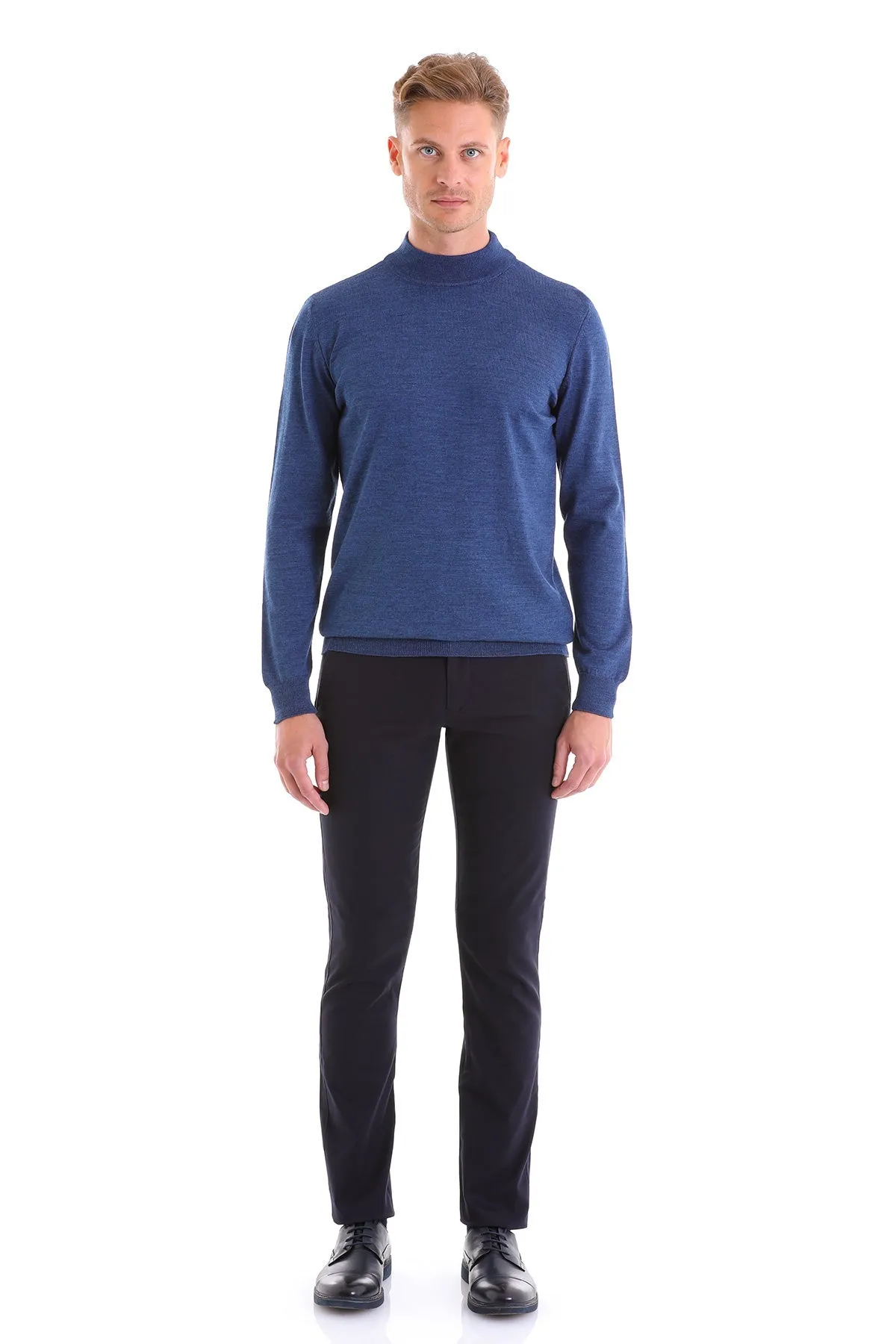 Comfort Fit Wool Blend Blue Mel Mock Neck Sweater