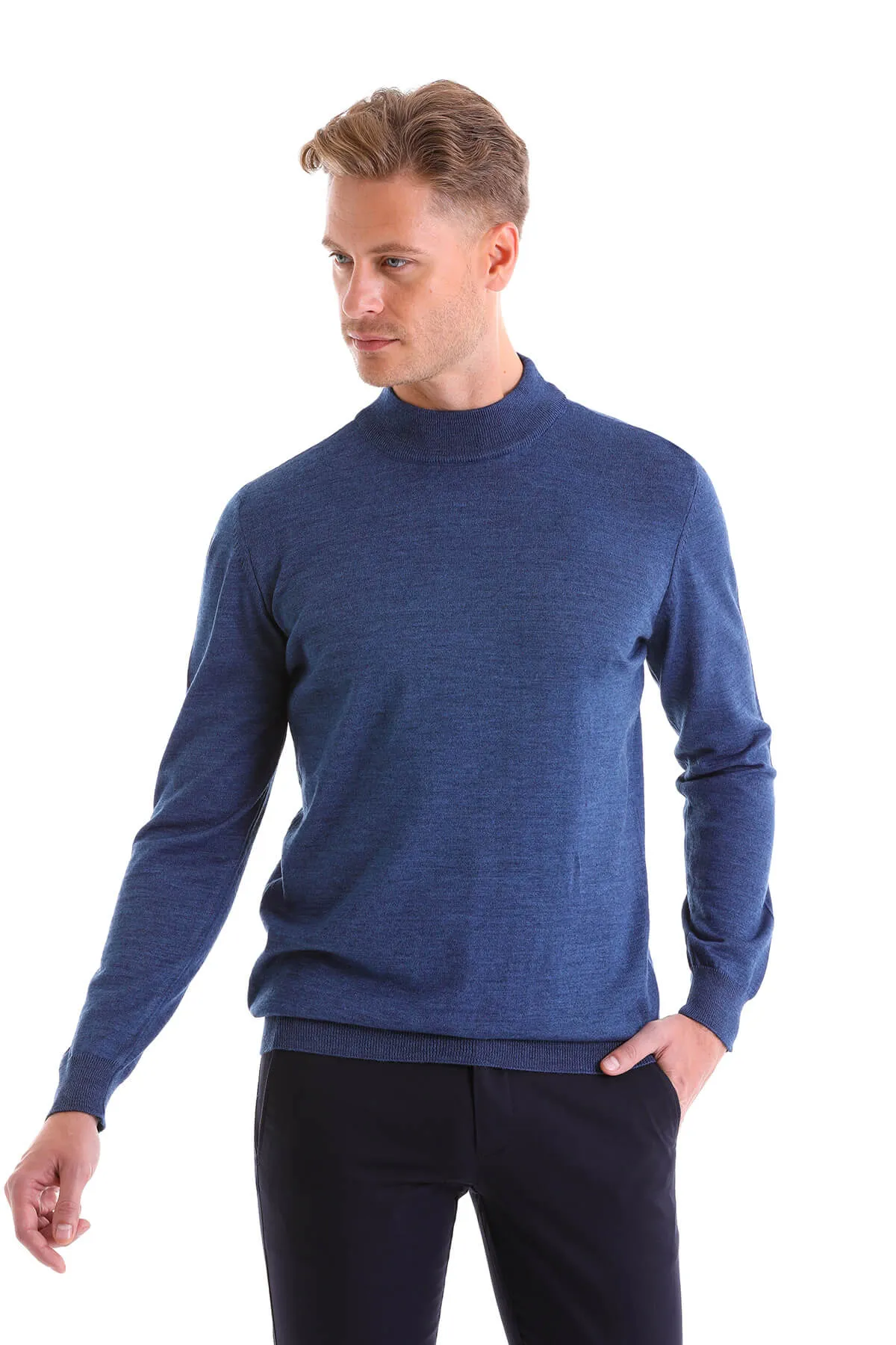 Comfort Fit Wool Blend Blue Mel Mock Neck Sweater