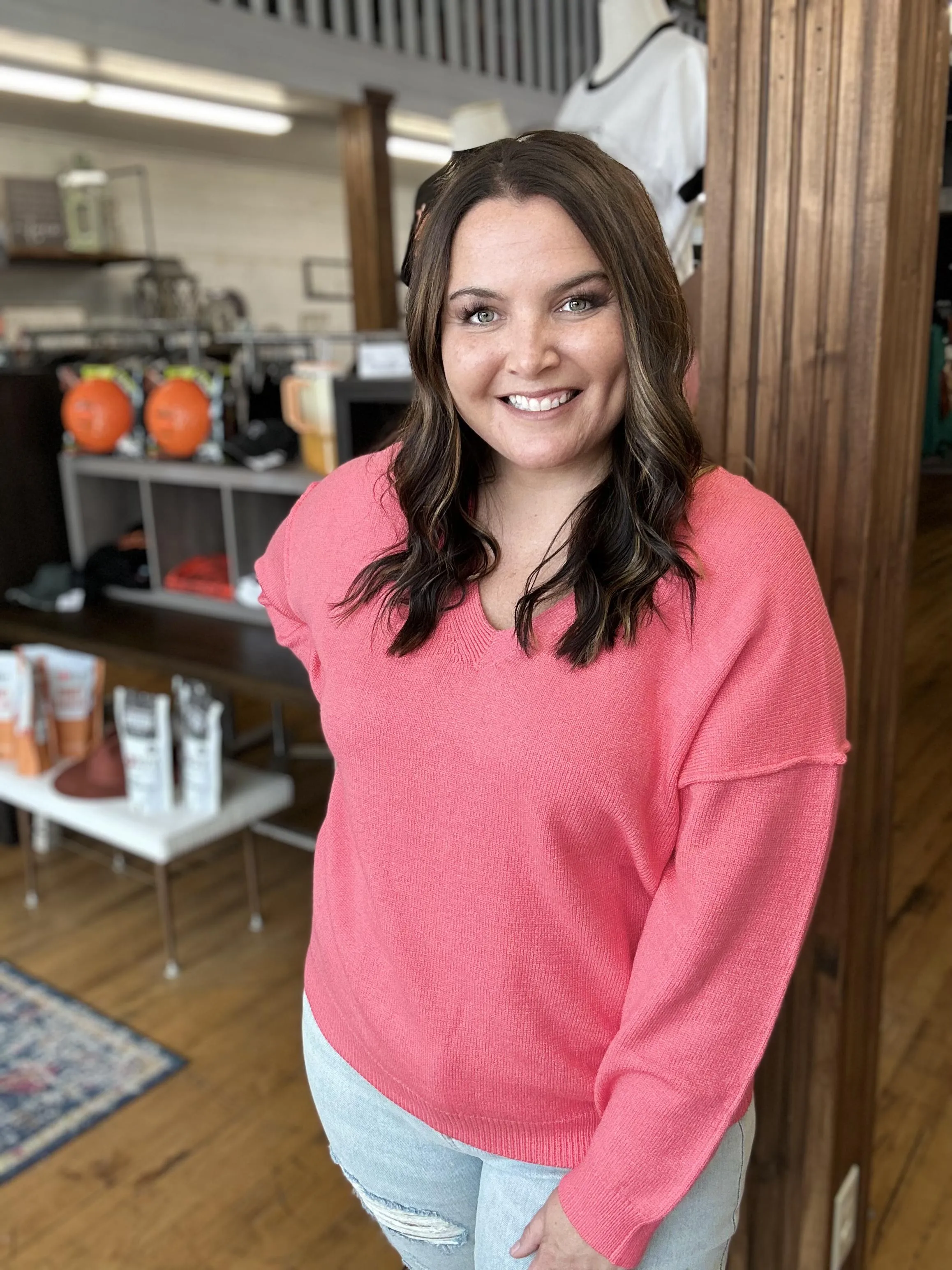 Coral V-Neck Sweater-Plus