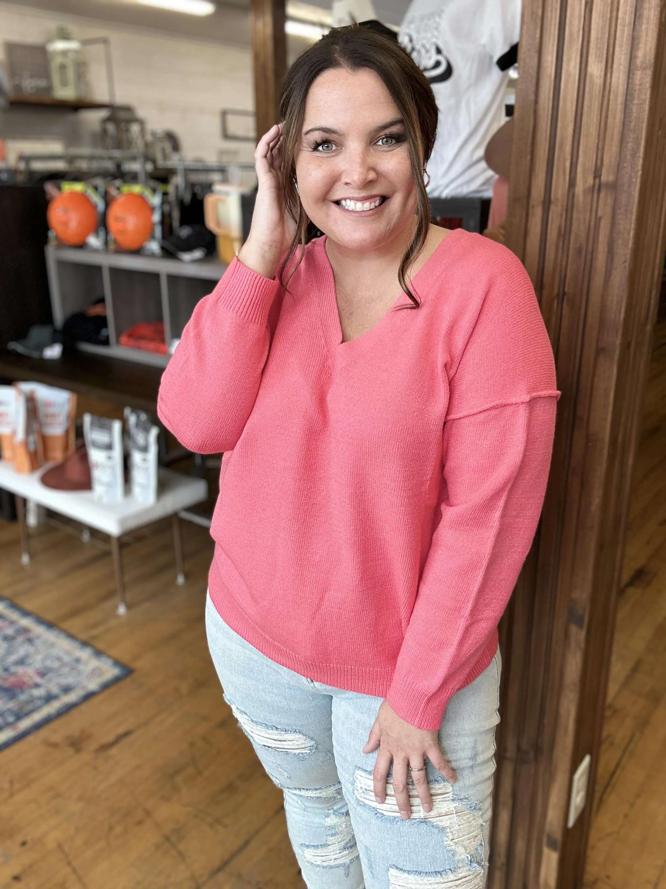 Coral V-Neck Sweater-Plus