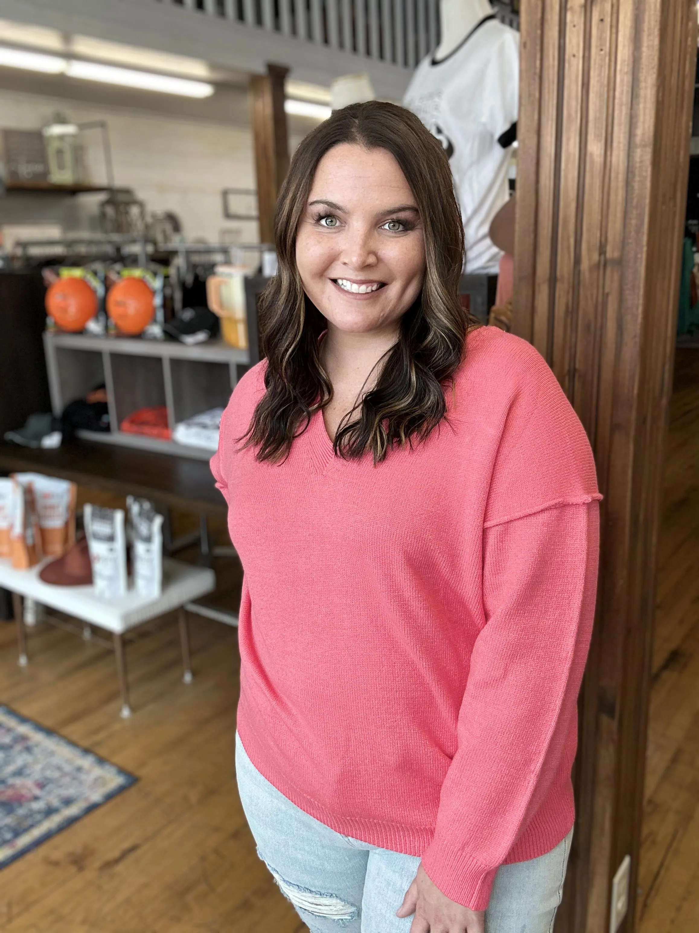 Coral V-Neck Sweater-Plus