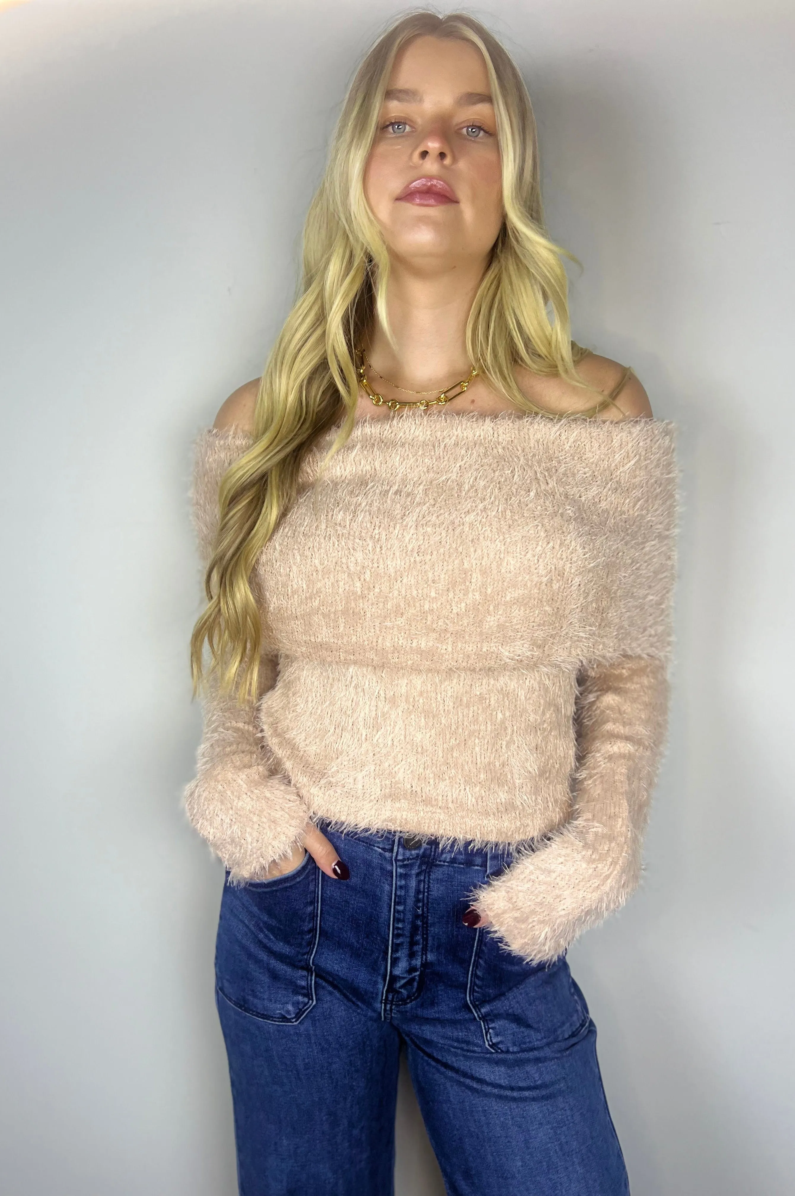 Cotton Candy Off the Shoulder Sweater Dusty Pink