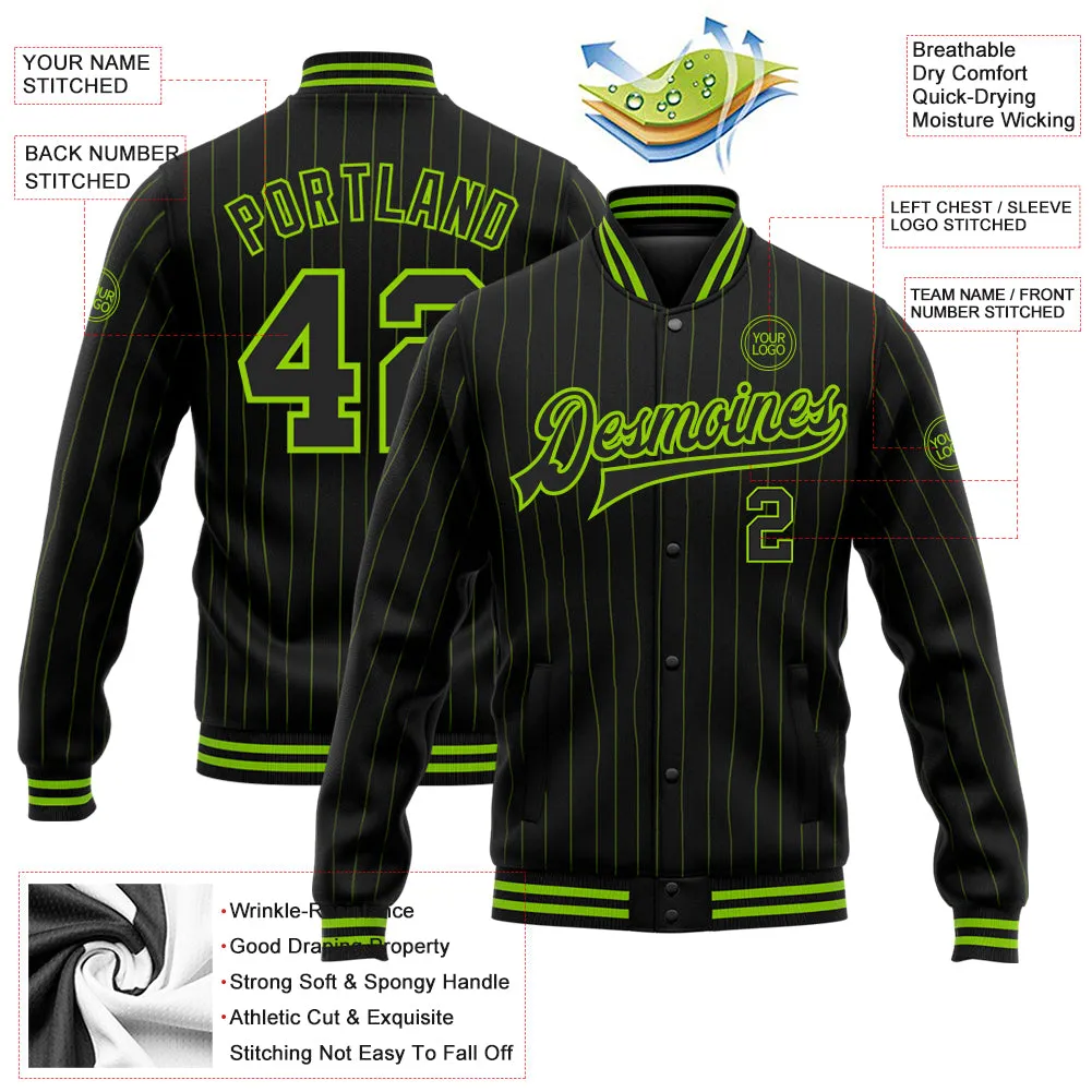 Custom Black Neon Green Pinstripe Neon Green Bomber Full-Snap Varsity Letterman Jacket