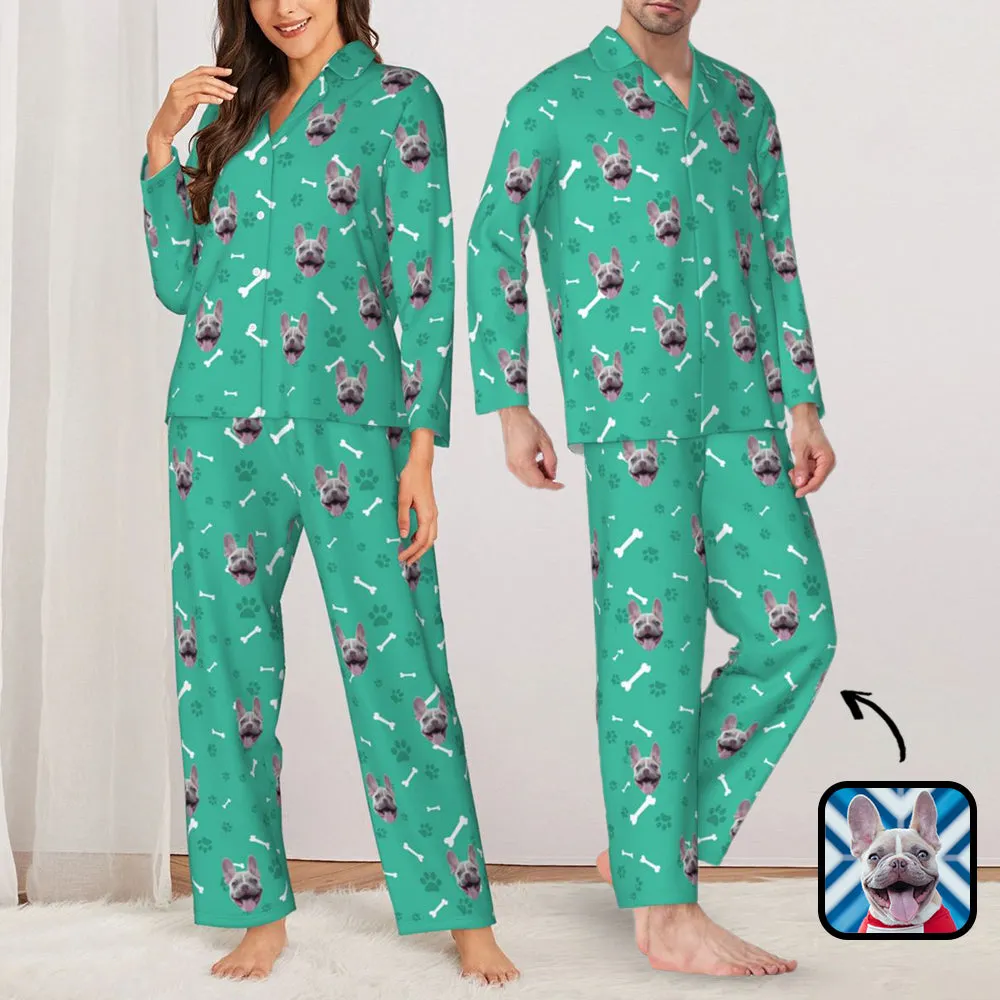 Custom Dog Face Bones & Footprints Long Sleeve Cardigan Pajama Set - Green