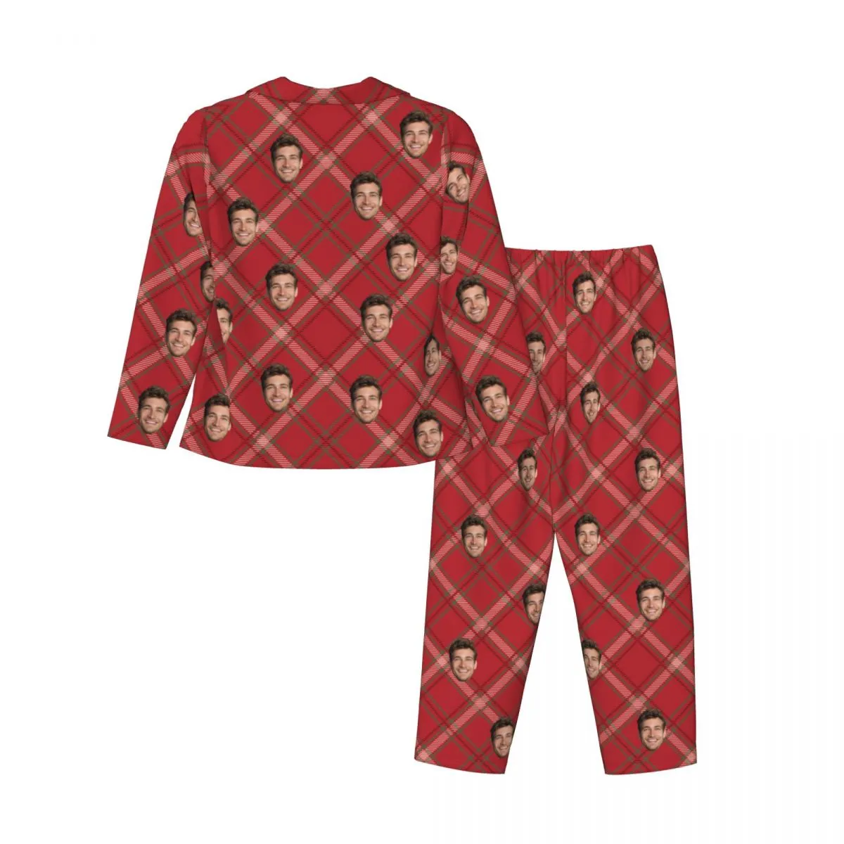 Custom Face Plaid Stripe Pattern Long Sleeve Cardigan Pajama Set - Red