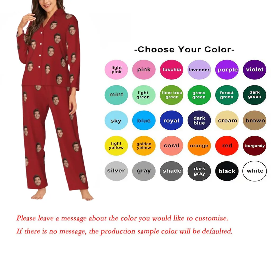 Custom Face Plaid Stripe Pattern Long Sleeve Cardigan Pajama Set - Red