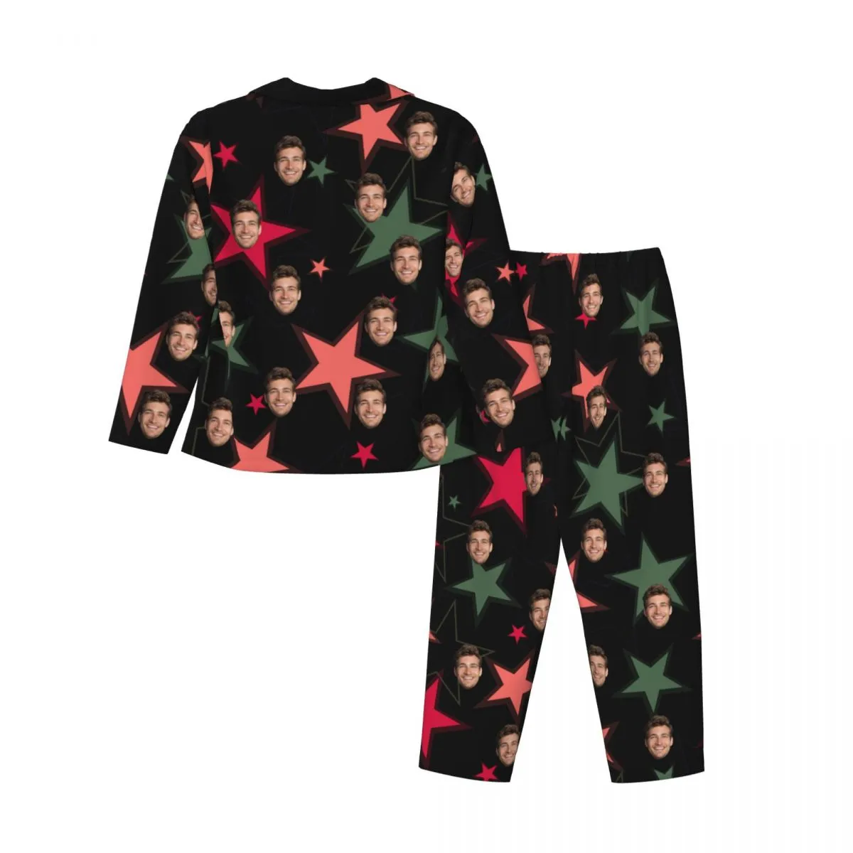 Custom Face Star Pattern Long Sleeve Cardigan Pajama Set - Black