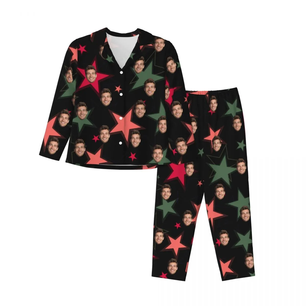 Custom Face Star Pattern Long Sleeve Cardigan Pajama Set - Black